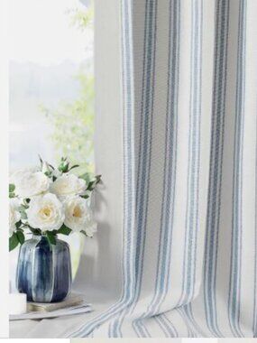 2 Curtain panels Blue Stripes on White Cotton Blend Light Filtering Fabric 55x95
